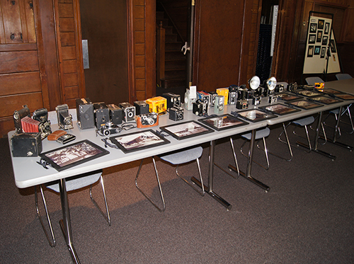 Antique cameras on display.